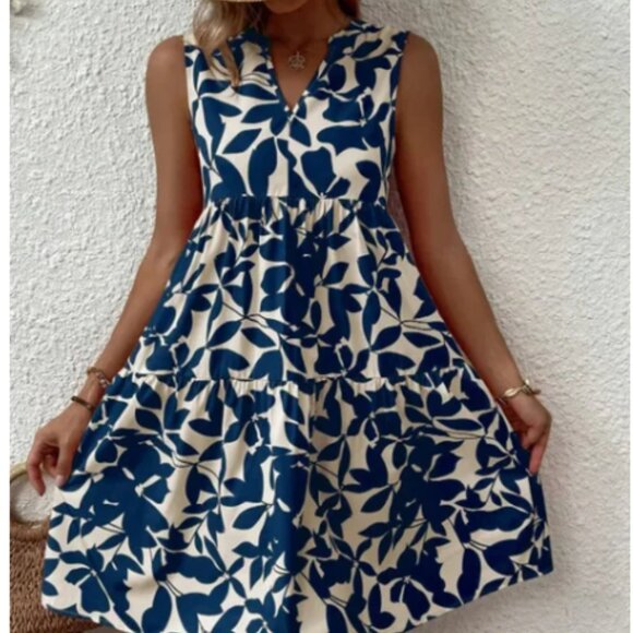 Boho Print Mini Dress Summer Elegant Sleeveless V Neck Ruffle - Picture 2 of 5